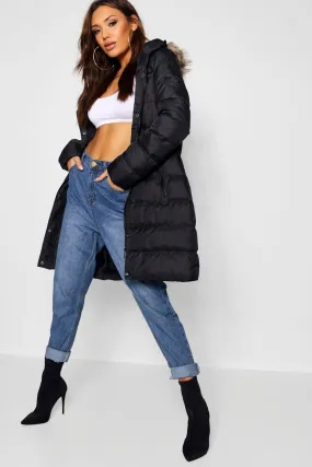 Longline Faux Fur Trim Toggle Puffer