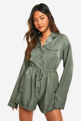 Longsleeve Chambray Utility Pocket Romper