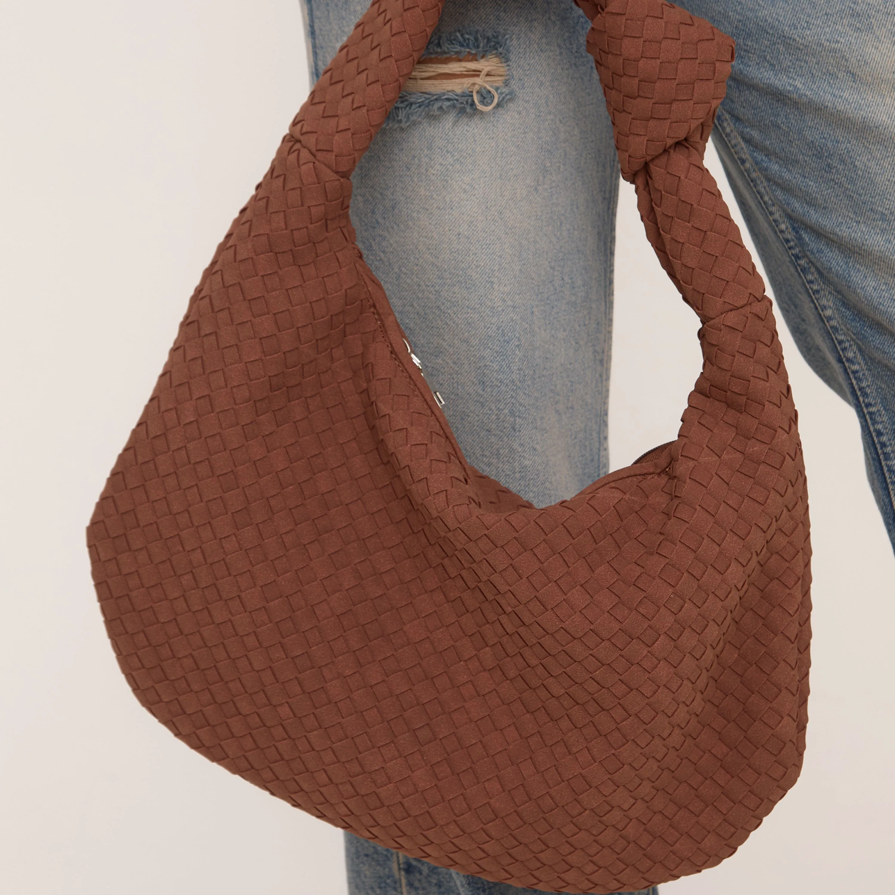 Loreen Woven Knotted Strap Detail Oversized Shoulder Bag In Brown Faux Suede