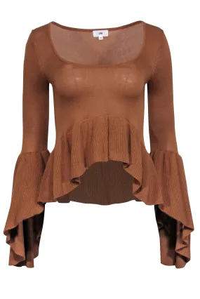 LPA - Tan Scoop Neck Long Sleeve Sweater w/ Bell Sleeves & Ruffle Hem Sz XS
