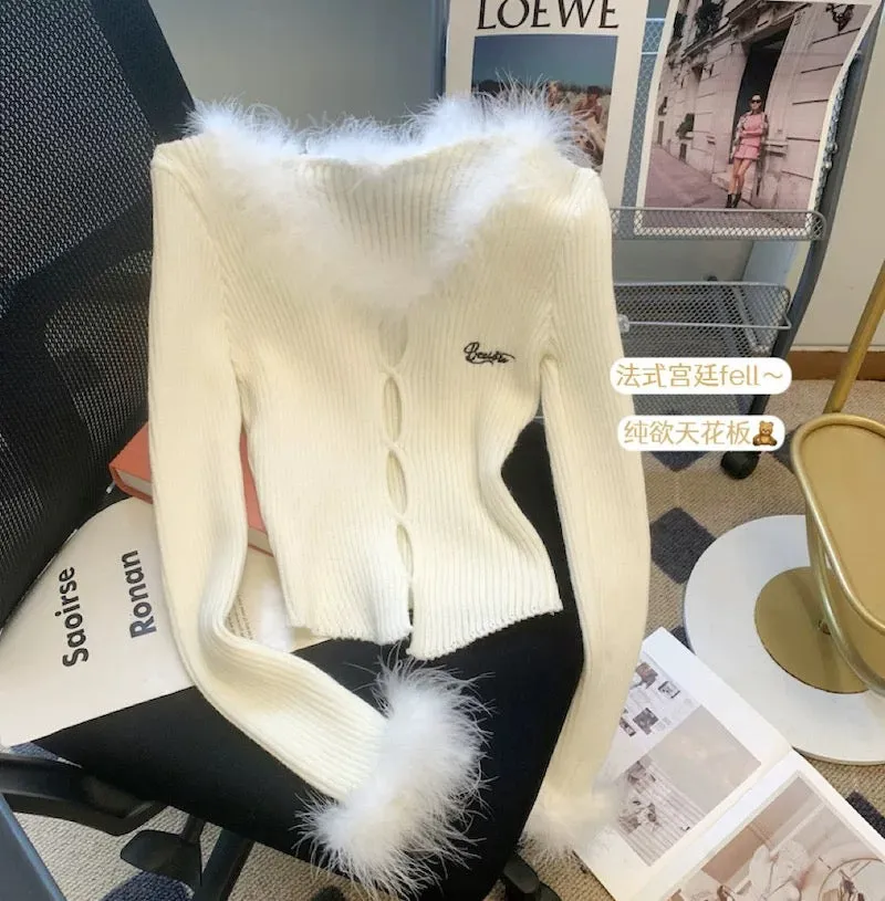 Maillard retro French fur patchwork sweater for women autumn and winter new style pure lust style slim long-sleeved sweater top