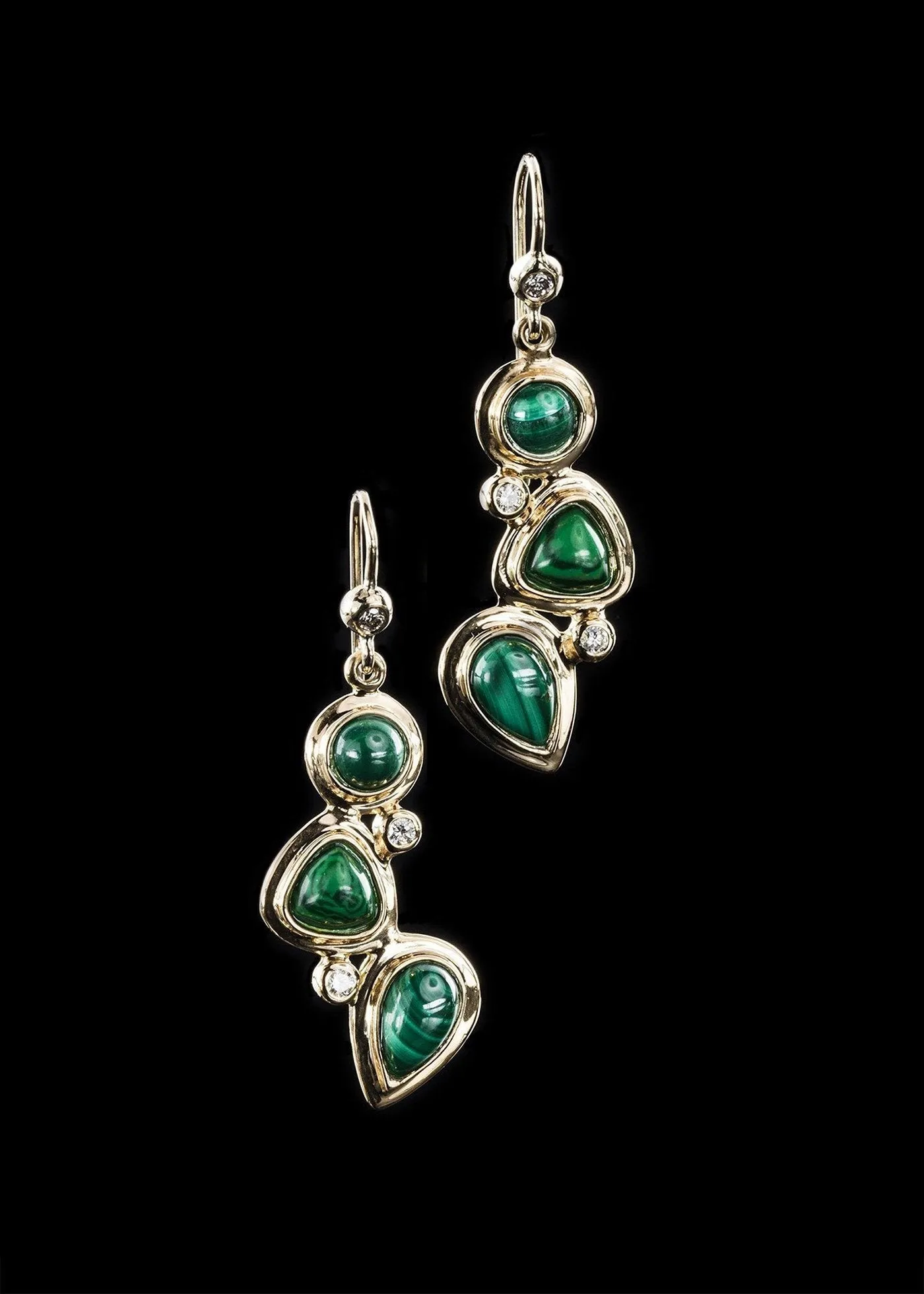 Malachite & Diamond 18K Gold Drop Earrings, Mosaic 3 Stone