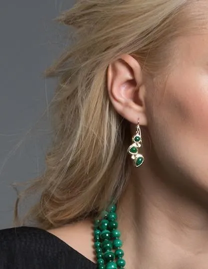 Malachite & Diamond 18K Gold Drop Earrings, Mosaic 3 Stone