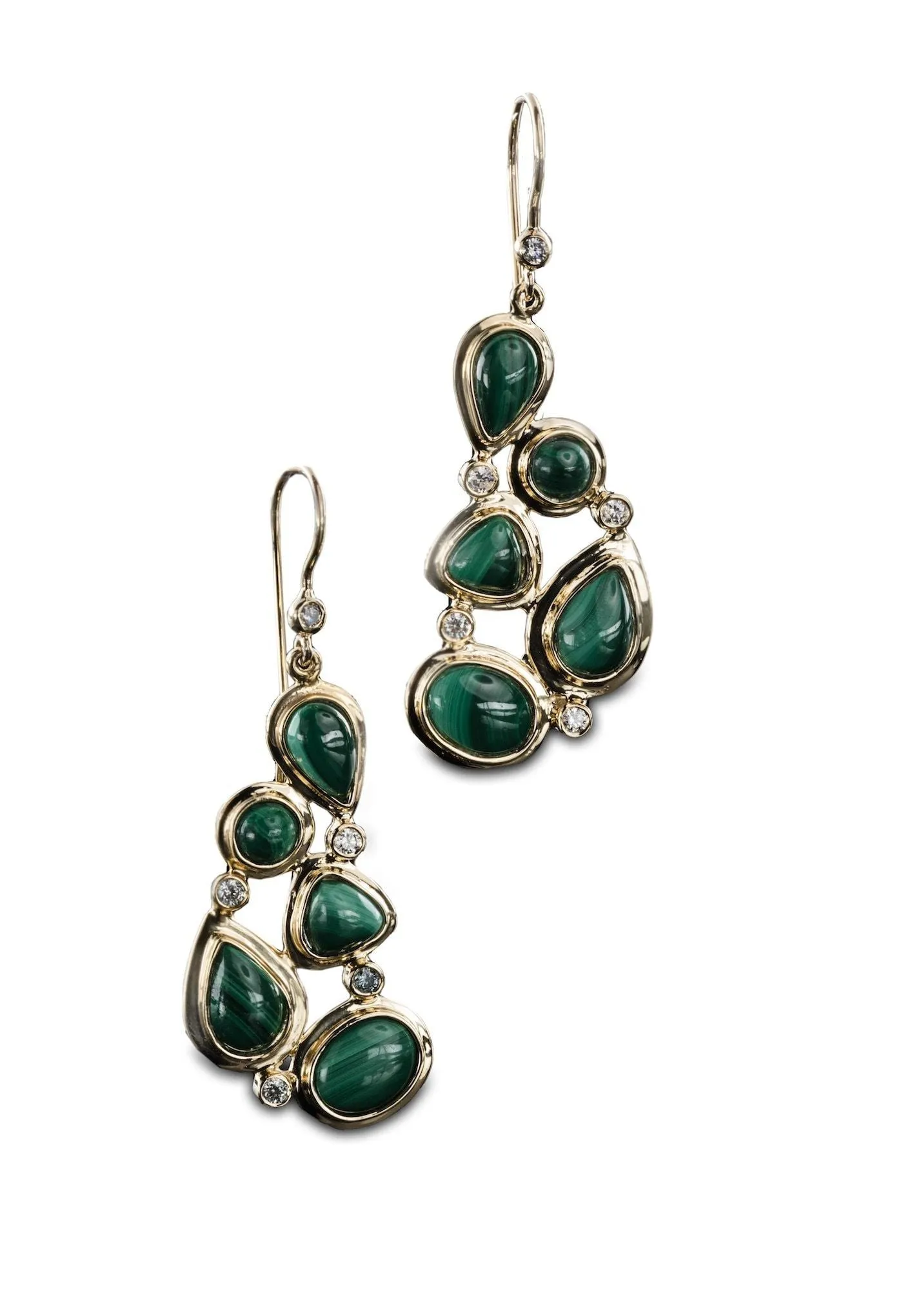 Malachite & Diamond 18K Gold Drop Earrings, Mosaic 5 Stone