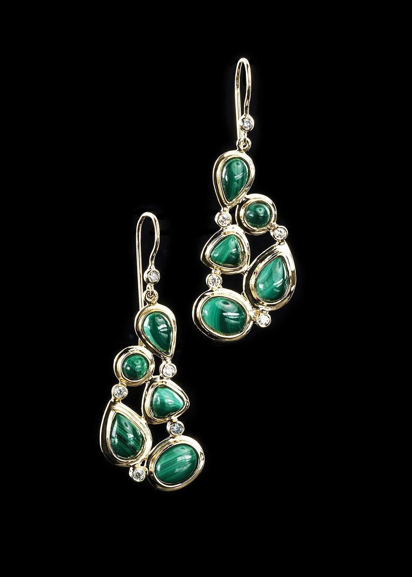 Malachite & Diamond 18K Gold Drop Earrings, Mosaic 5 Stone