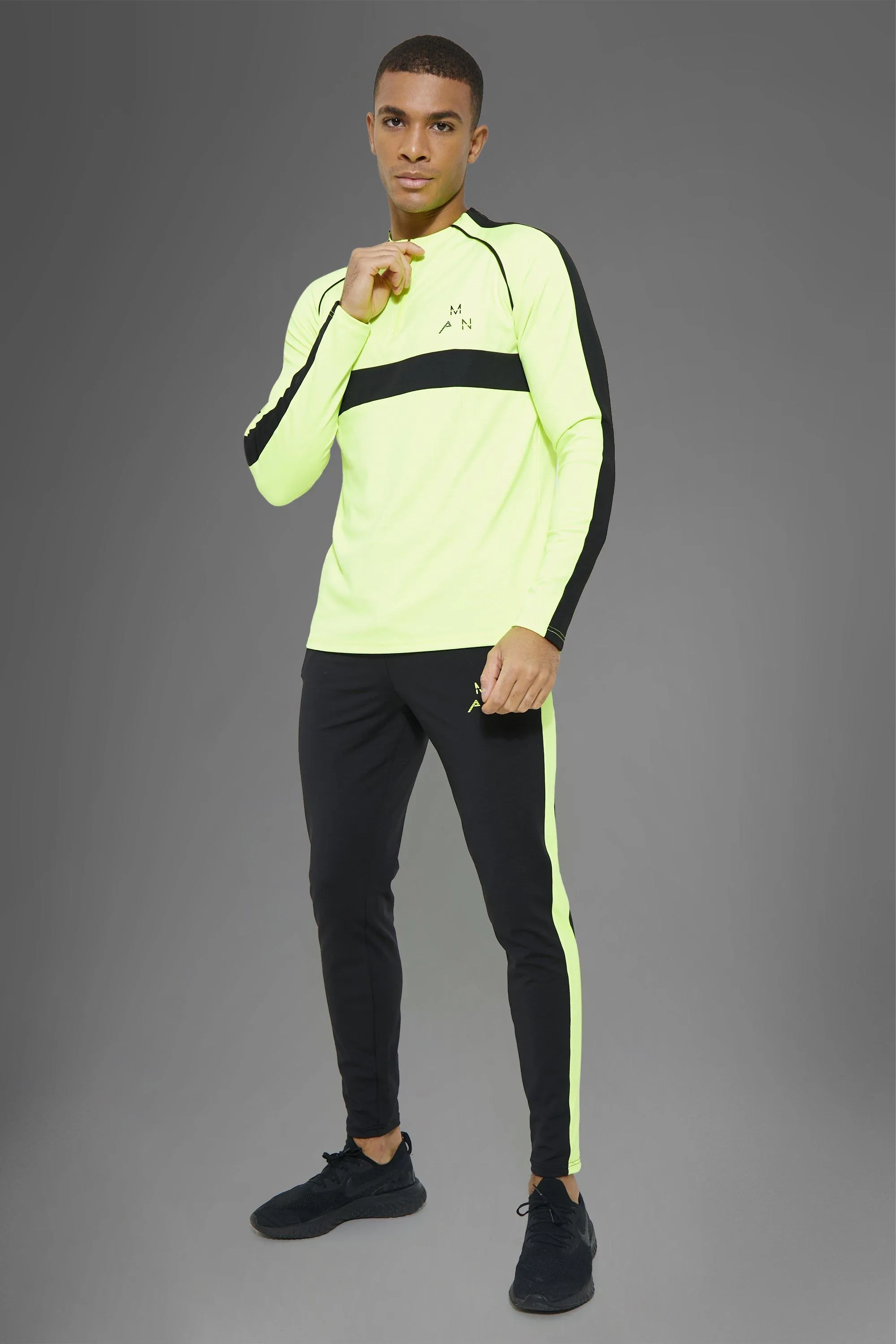 Man Active Gym Neon Detail 1/4 Zip Tracksuit | boohooMAN UK