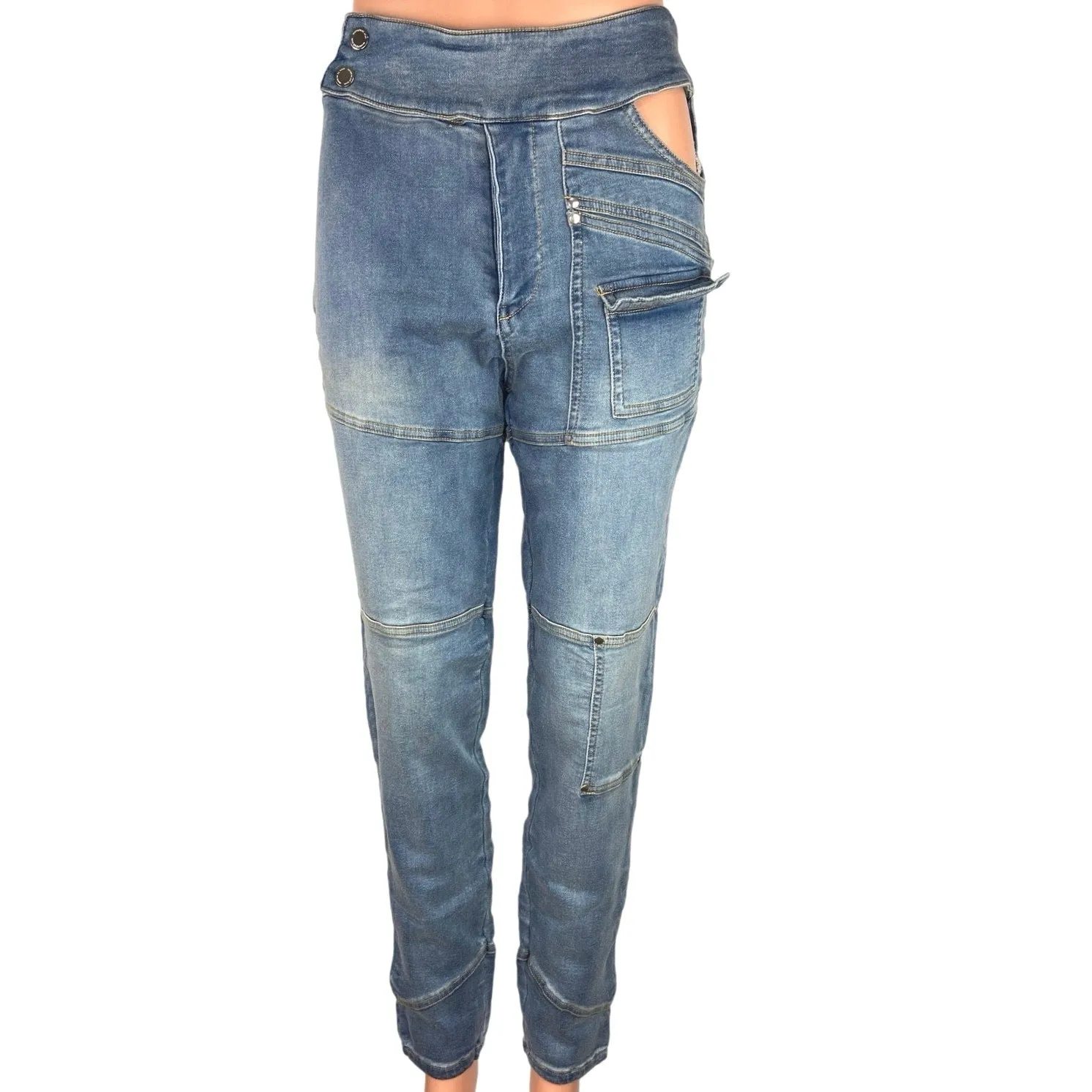 Maniere De Voir Blue Cut-Out High Rise Straight Leg Medium Wash Denim Jeans 10