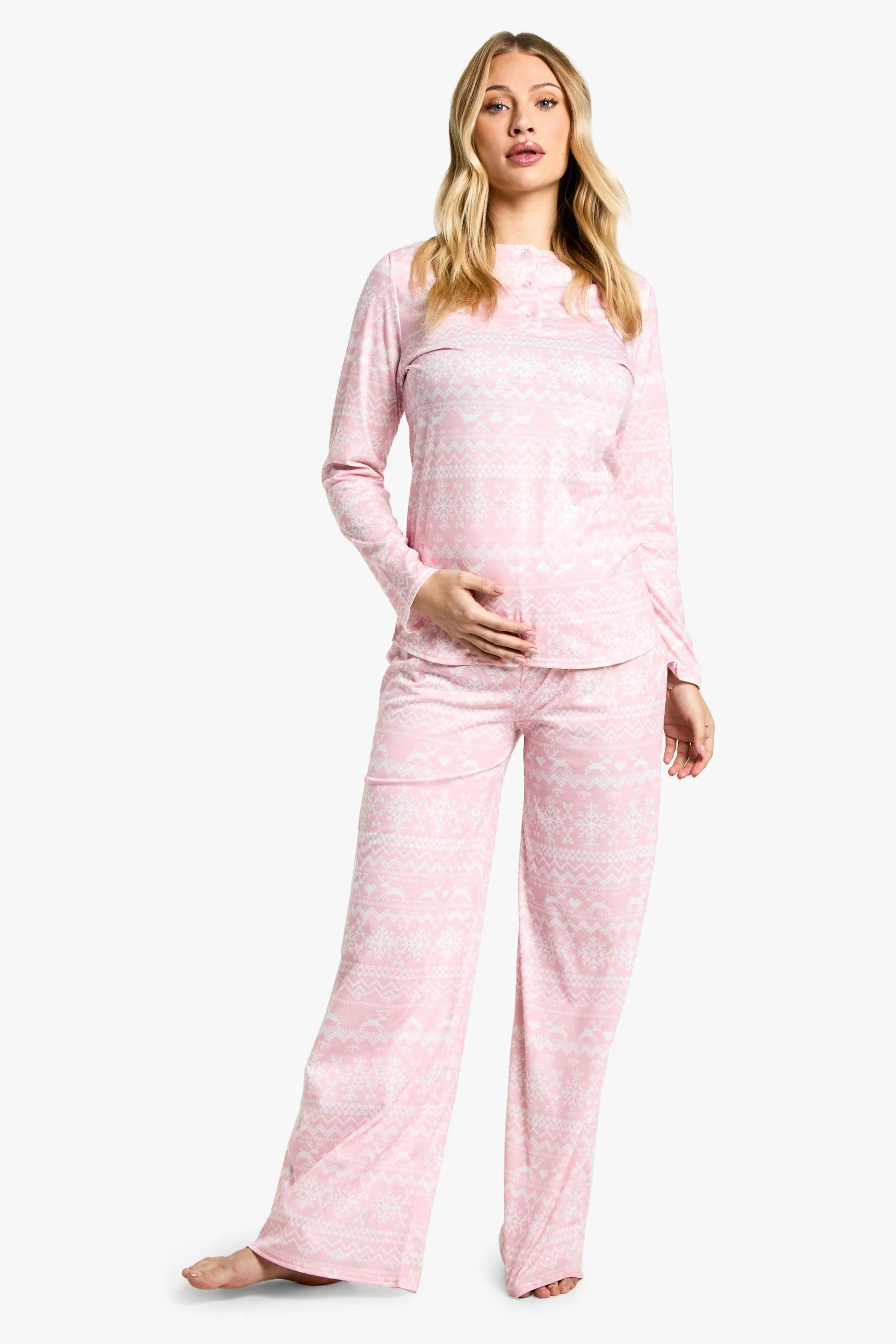 Maternity Christmas Fairisle Long Sleeve Button Top & Wide Leg Pants Pj Set