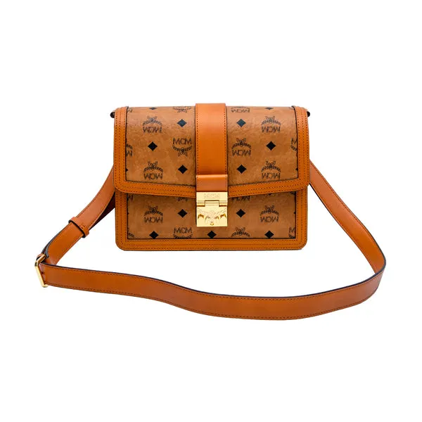 MCM Tracy Visetos Shoulder Bag Cognac  Medium