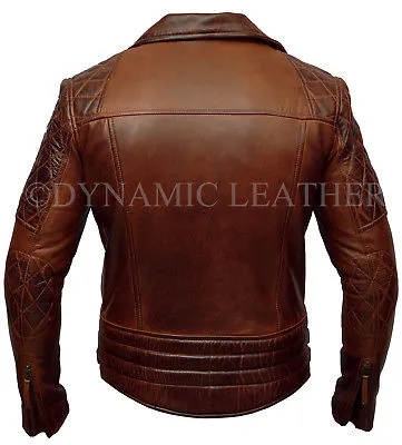 Mens Biker Classic Diamond Motorcycle Brown Distressed Vintage Leather Jacket