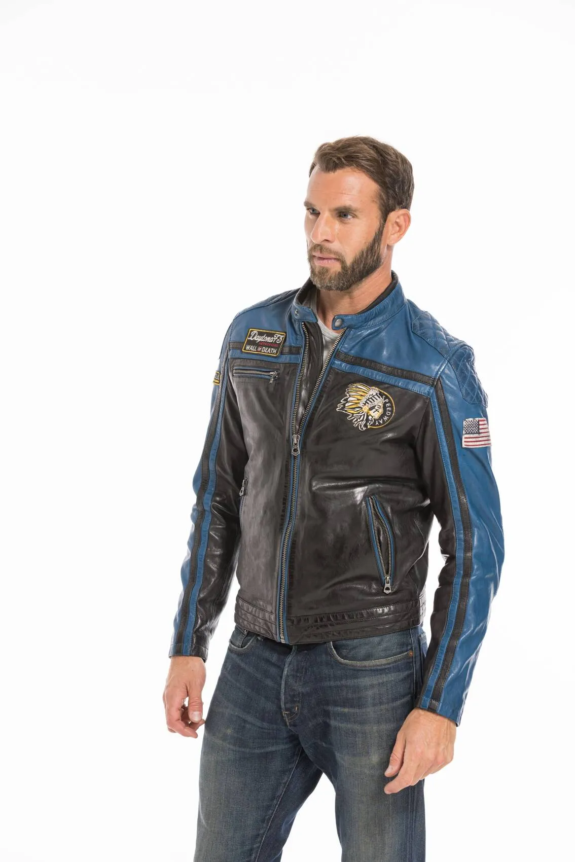 Men's black/blue motorcycle style leather jacket 101985