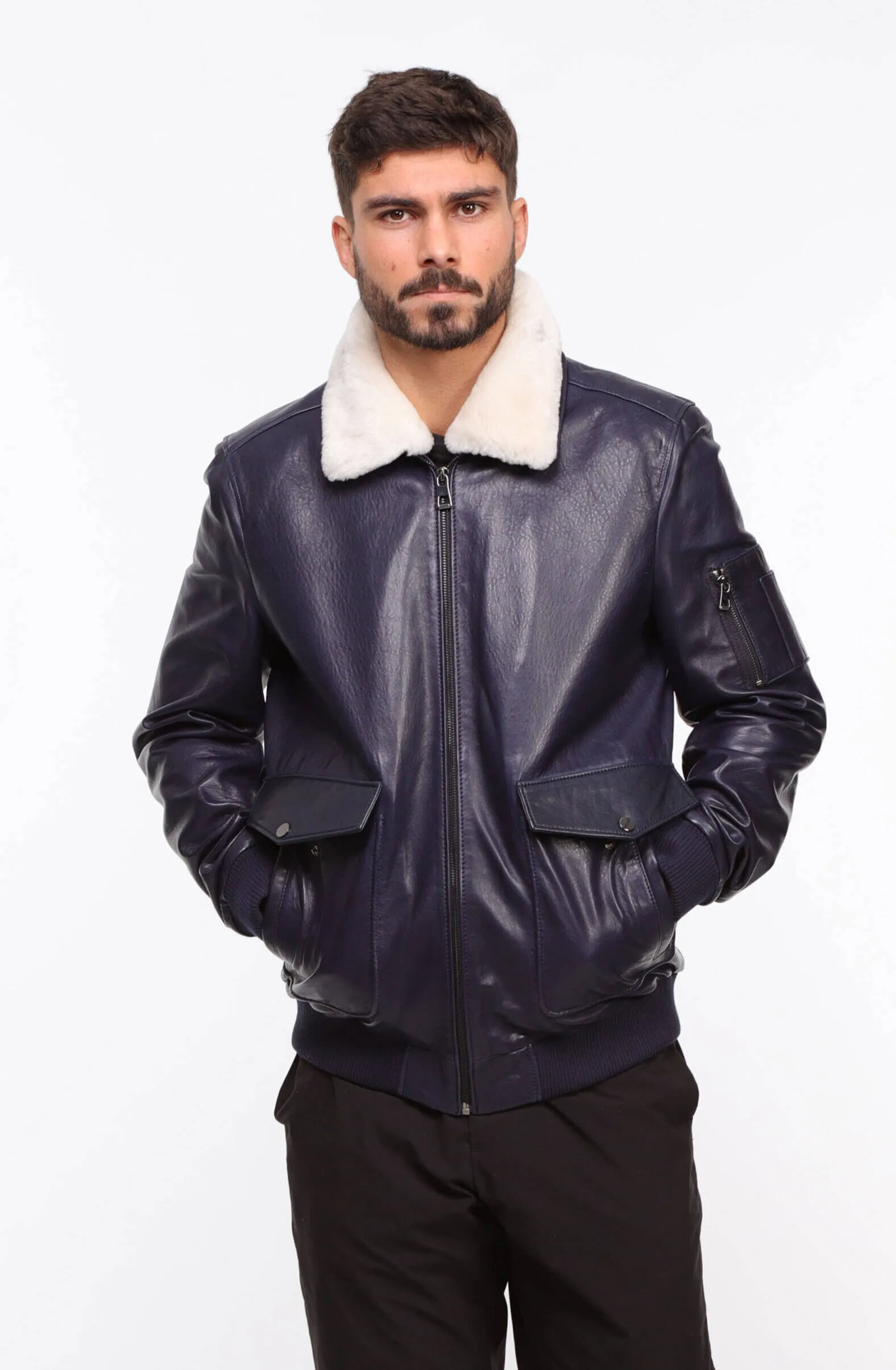 Men's blue \movy\ pilot style leather jacket