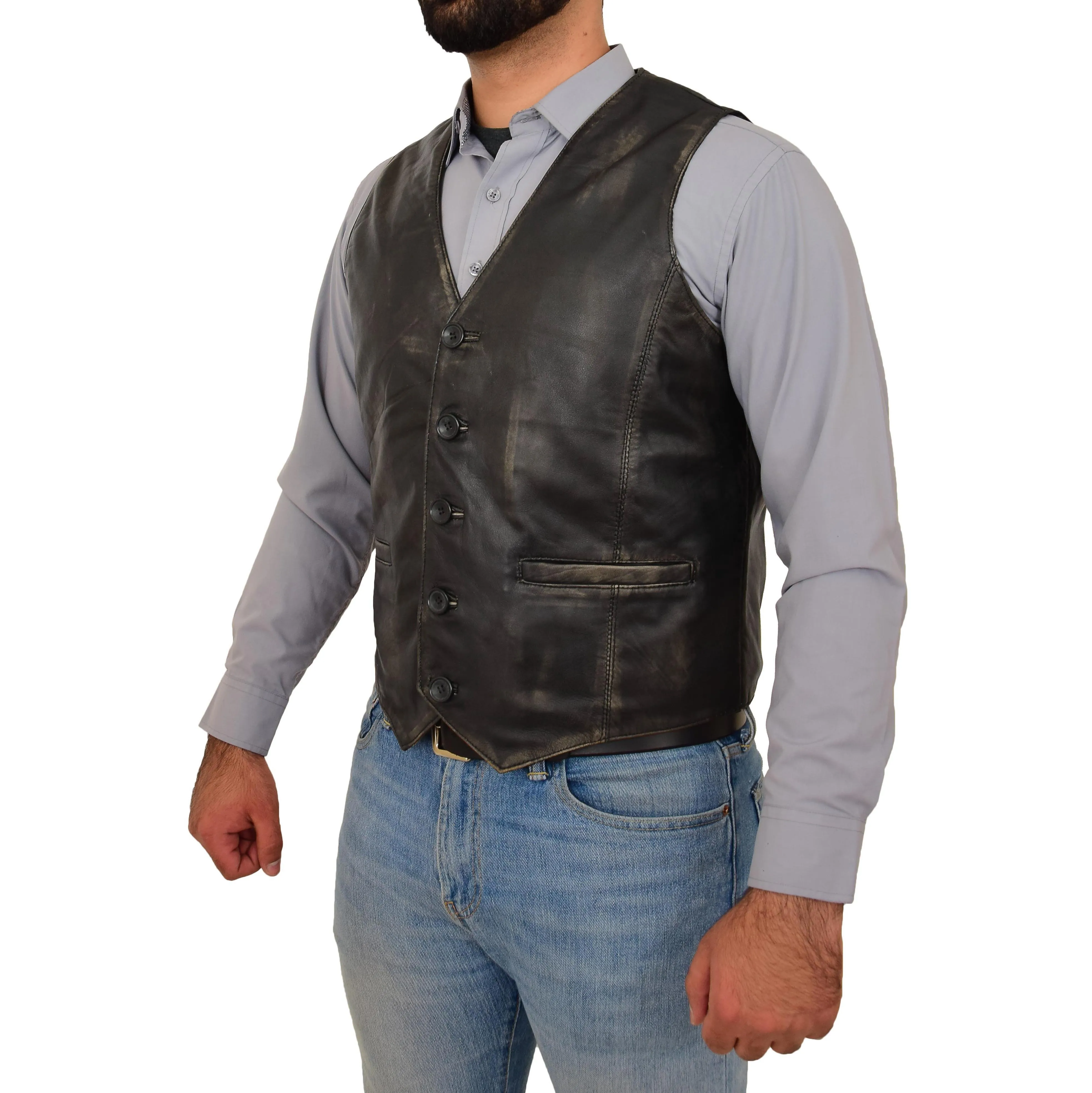 Mens Button Fastening Leather Waistcoat Nick Black Vintage