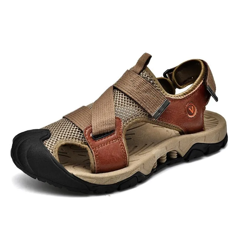 Men's Casual Outdoor Breathable Mesh Cowhide Stitching Sandals 11543944M