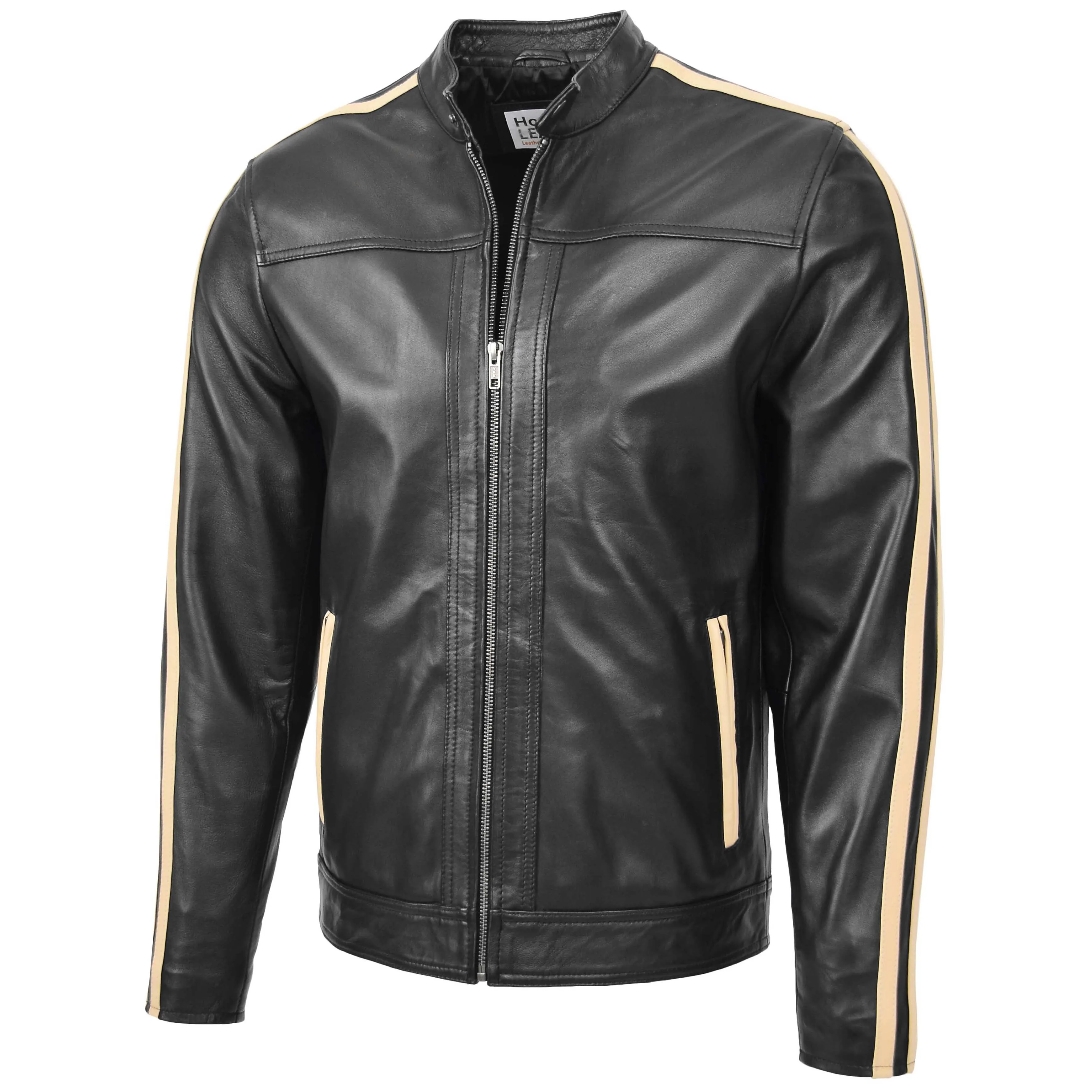 Mens Leather Biker Jacket with Racing Stripes Clyde Black