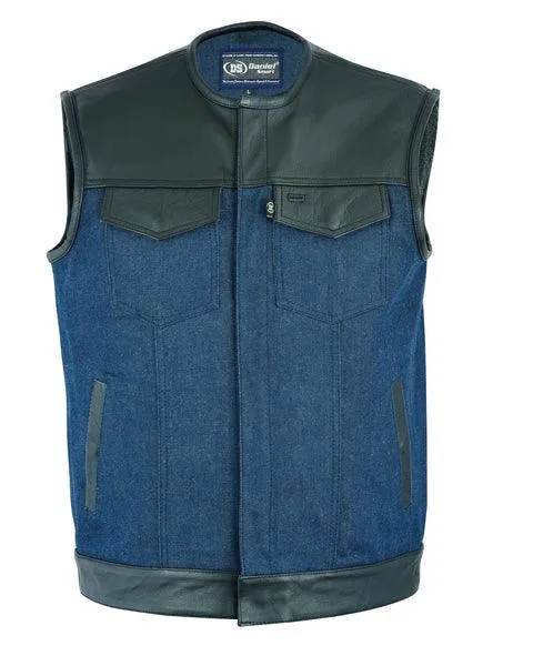 Men’s Leather/Denim Combo Vest (Black/Broken Blue)