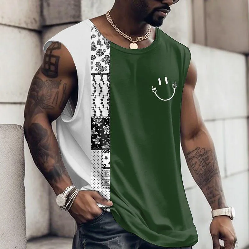 Men's Patchwork Smiley Print Crew Neck Sleeveless Tank Top 11980008Y
