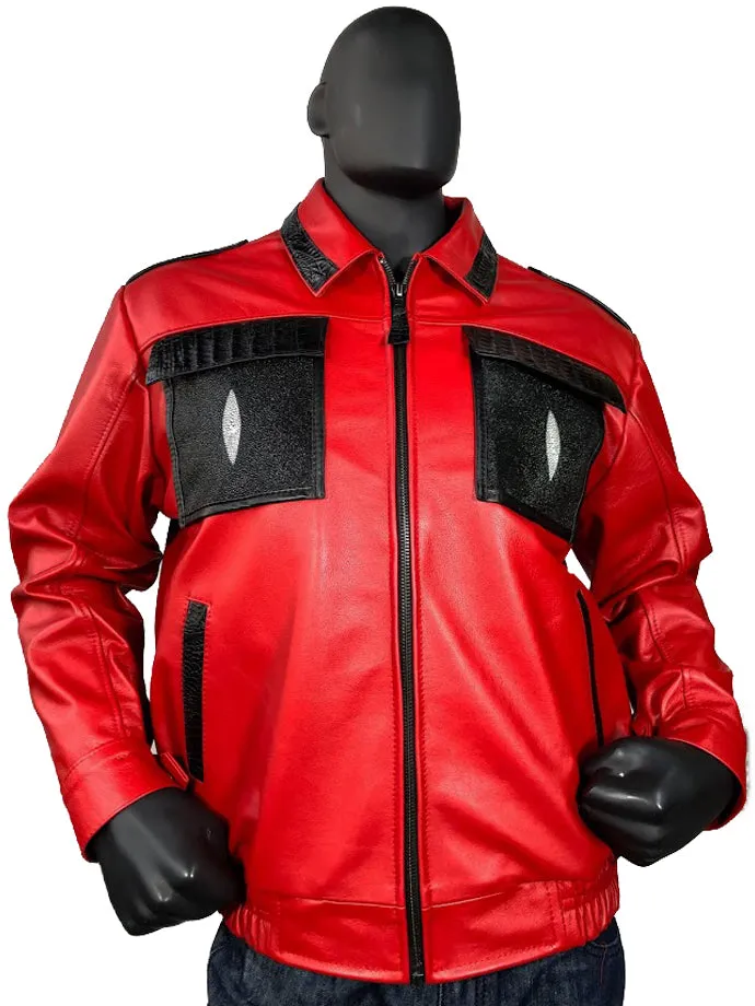 Men's Red Lambskin Leather Jacket With Stingray & Alligator Trimming Style #2055