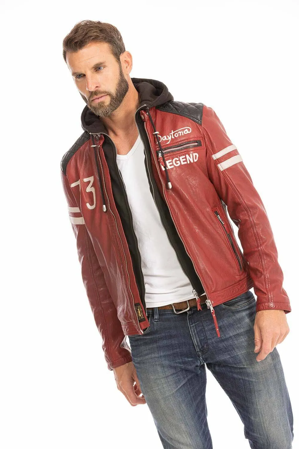 Men's red motorcycle style hooded leather jacket 102555