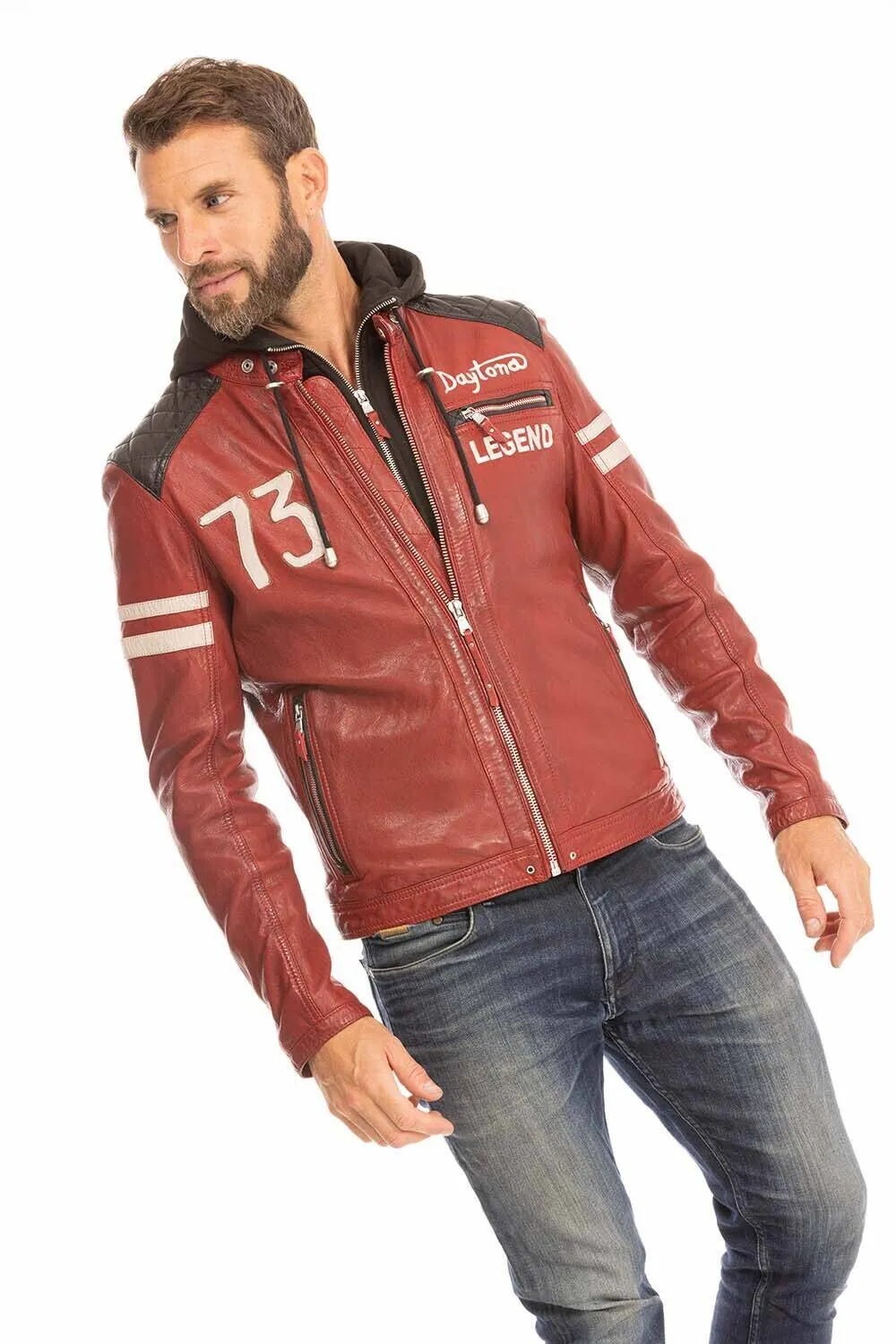 Men's red motorcycle style hooded leather jacket 102555