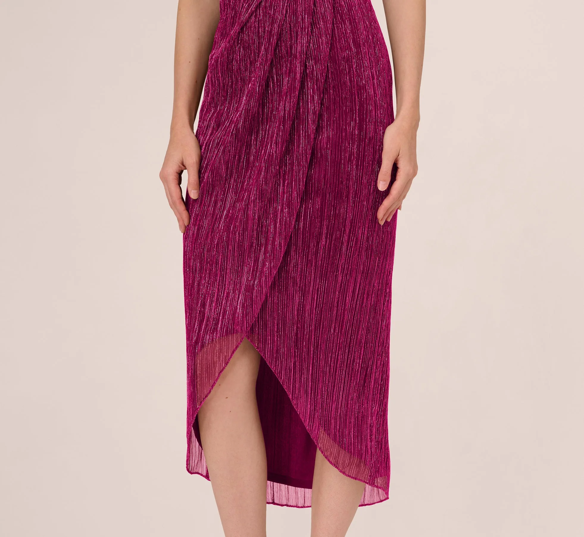 Metallic Knit Halter Midi Dress With Wrap Skirt In Magenta