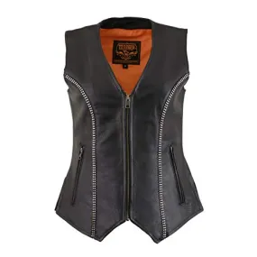 Milwaukee Leather MLL4502 Ladies Leather V Neck Zippered Vest with Rhinestone Bling Detail - Horizon Leathers