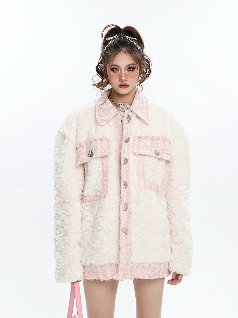 Miss Coco Patchwork Fleece Luna Moon Button Up Long Sleeve Jacket