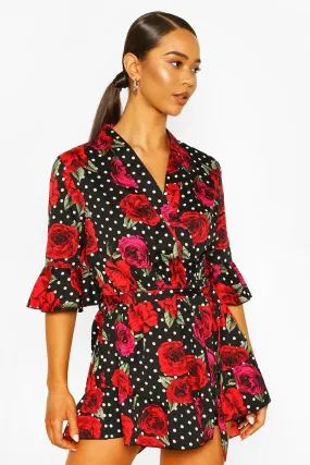Mix Polka Dot Rose Print Wrap Romper