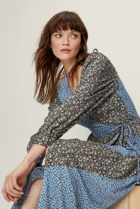 Mixed Floral Print Wrap Midi Dress