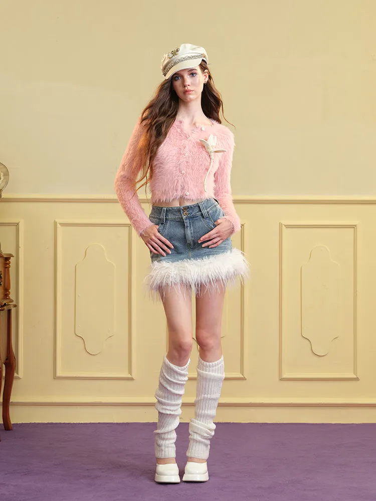 Mohair-Knit Fluffily Crew-Neck Cute Cardigan