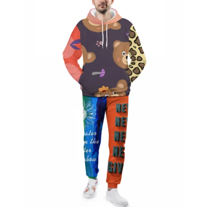 Multi-Image-Druck Männer / Herren Full Print Kapuzenpullover Hoodie Set Trainingsanzug 2-tlg Streetwear Jogginganzug 4T03 mit Fo