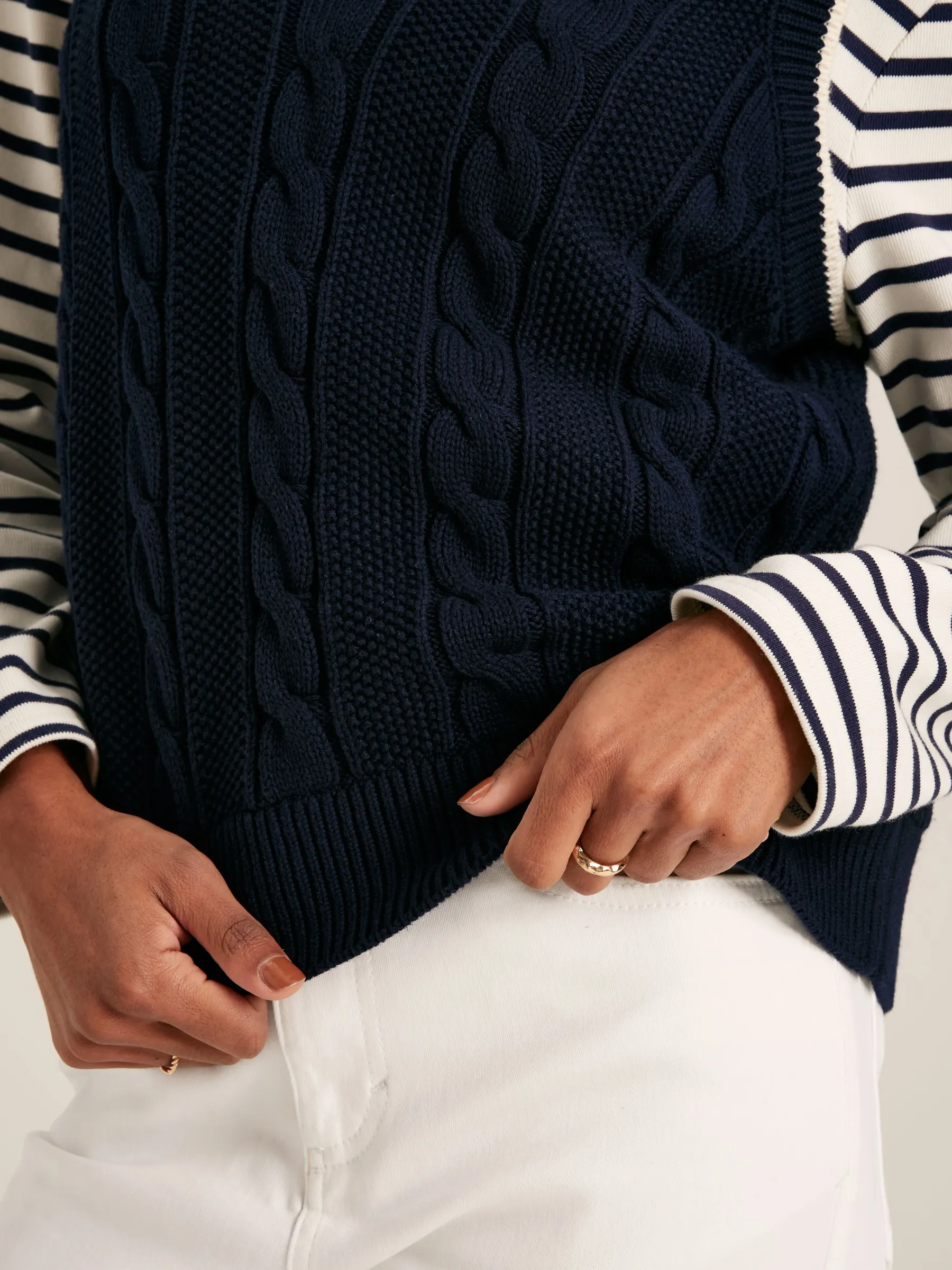 Navy Blue Cable Knitted V-Neck Vest
