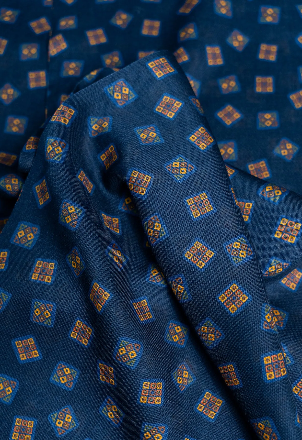 Navy Geomatric Motif Wool Silk Scarf