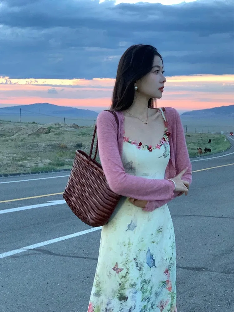 New Chinese style national style EIA Yiyao [born like summer flowers] pure desire French dress for women summer + cardigan two-p