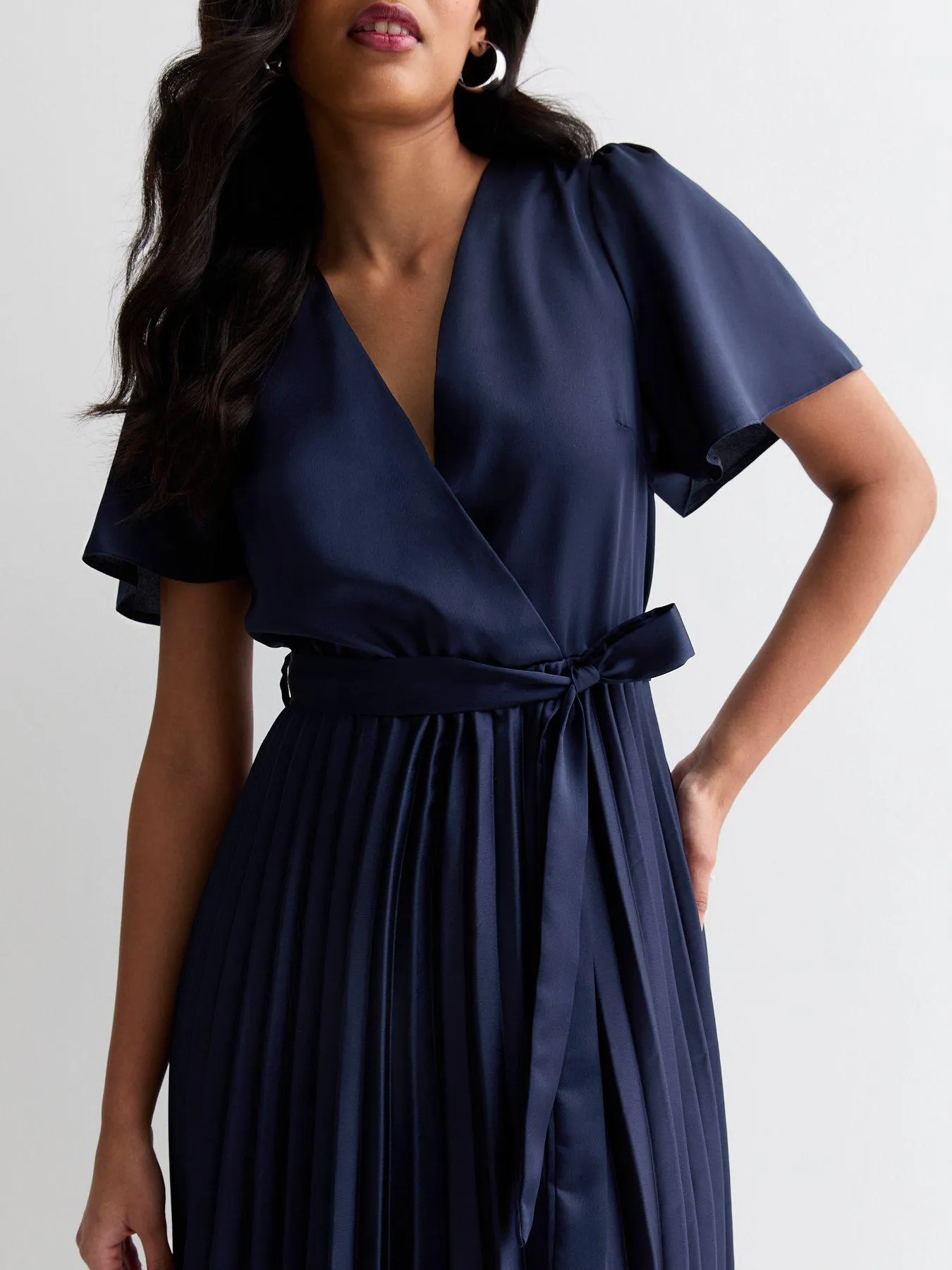 New Look Navy Satin Wrap Front Pleated Midi Dress