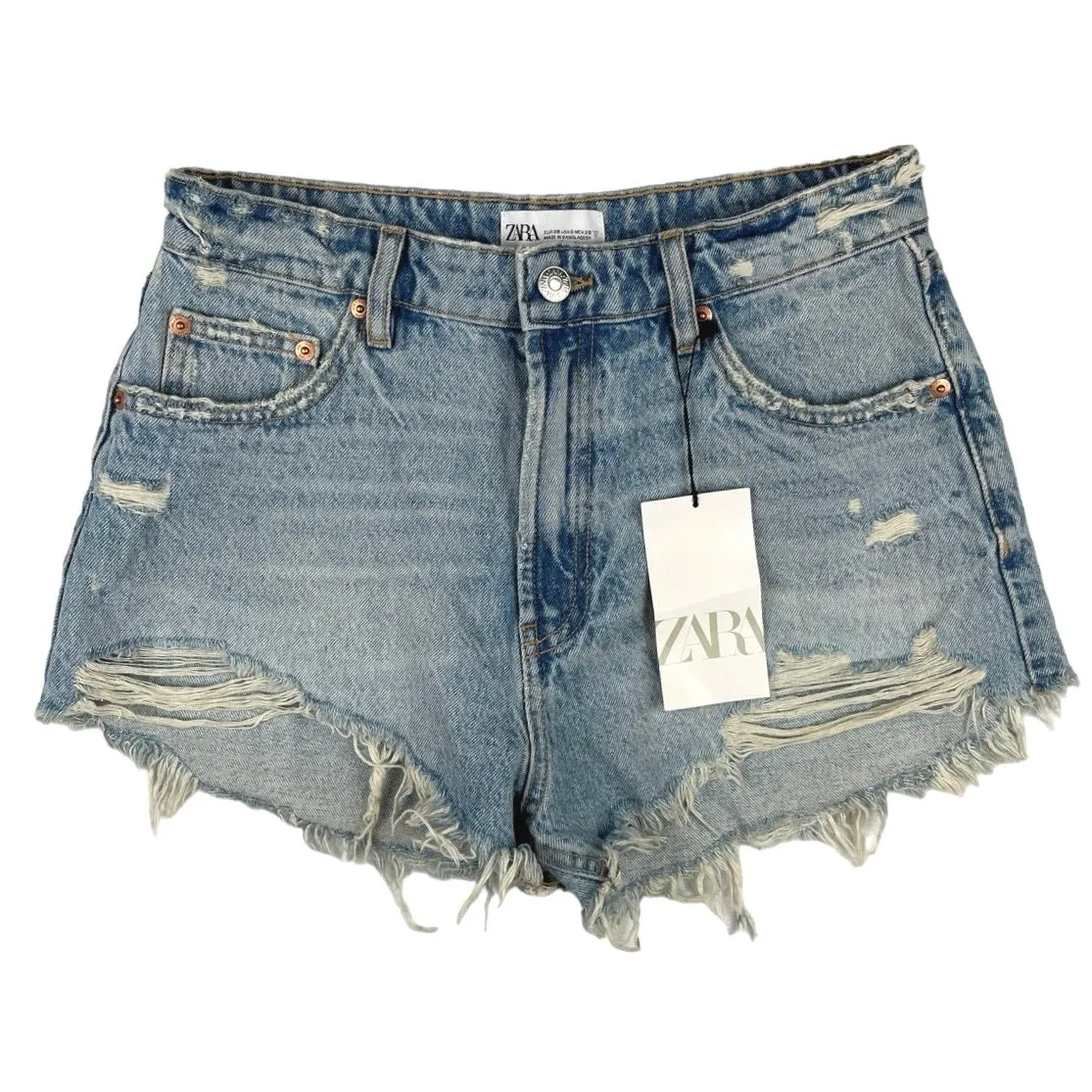 NEW Zara High Waist Distressed Frayed Raw Hem Medium Wash Denim Jeans Shorts 6