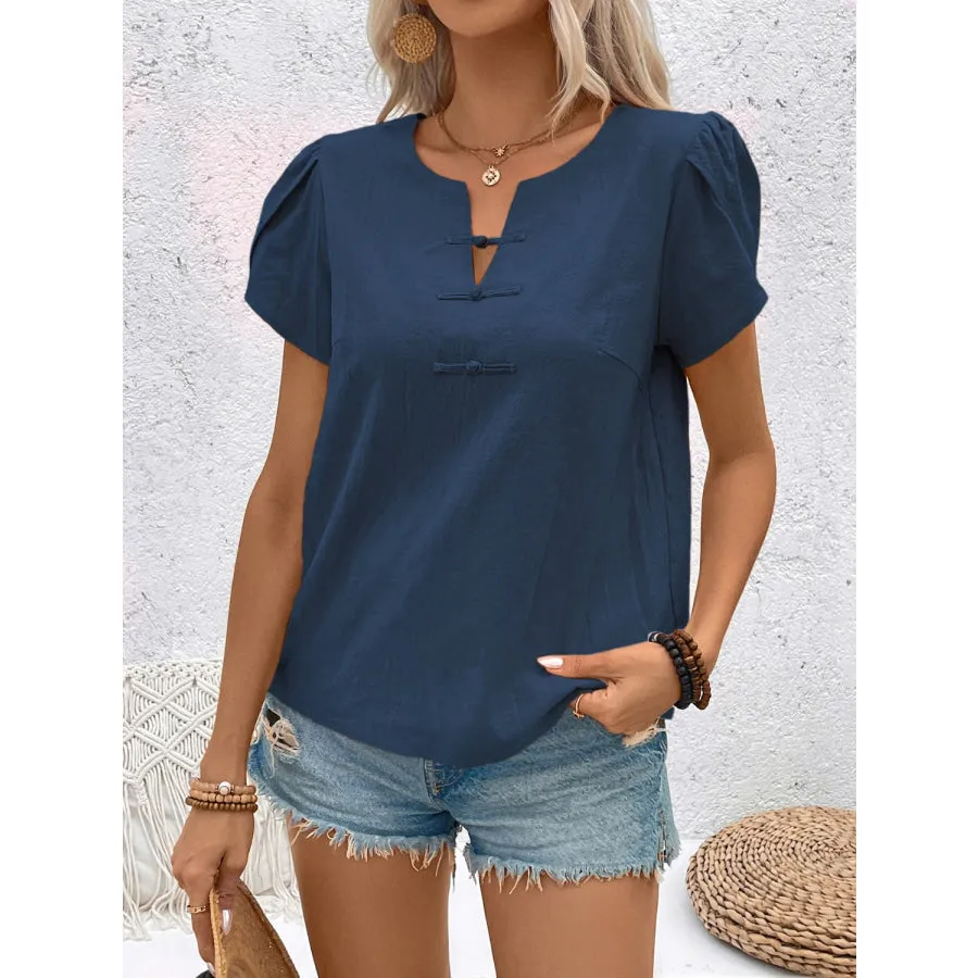 Notched Short Sleeve Blouse