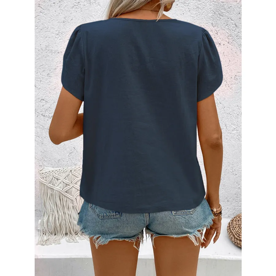 Notched Short Sleeve Blouse