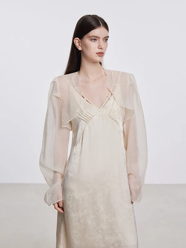 One-Piece＆Cardigan Embroidery Sheer Elegant Set-Up
