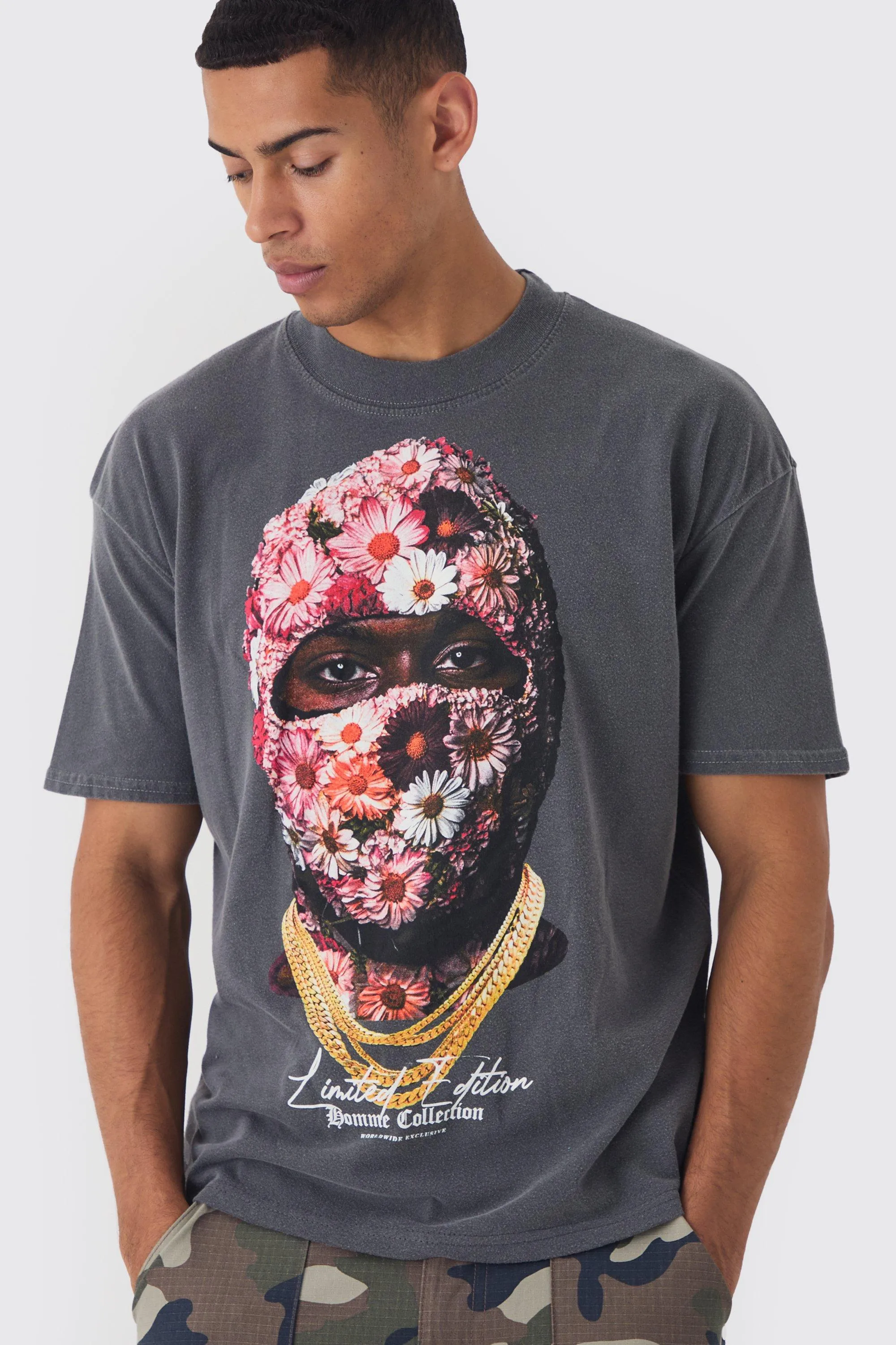 Oversized Boxy Washed Floral Mask Print T-Shirt