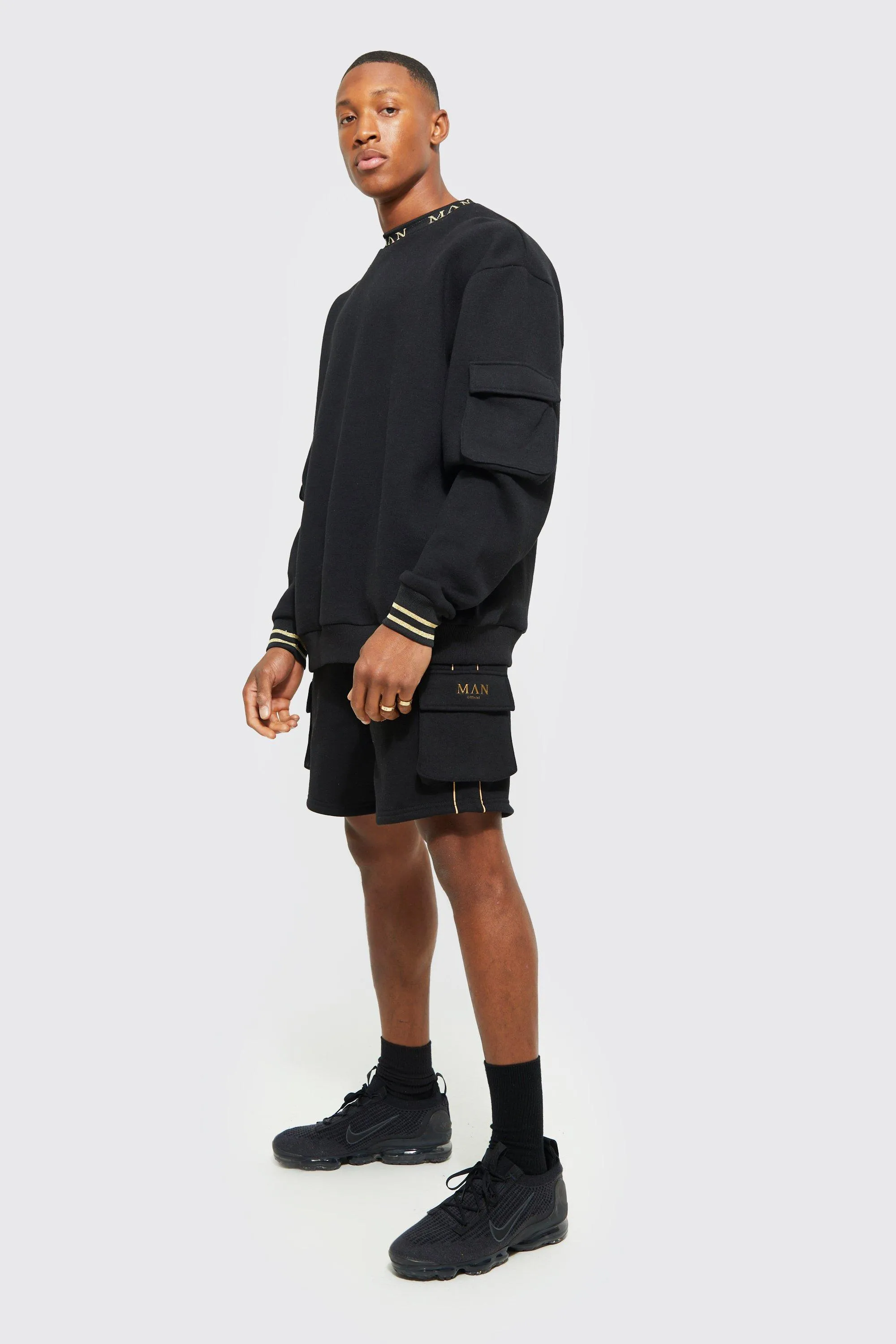 Oversized Cargo Short Tracksuit With Piping | boohooMAN UK