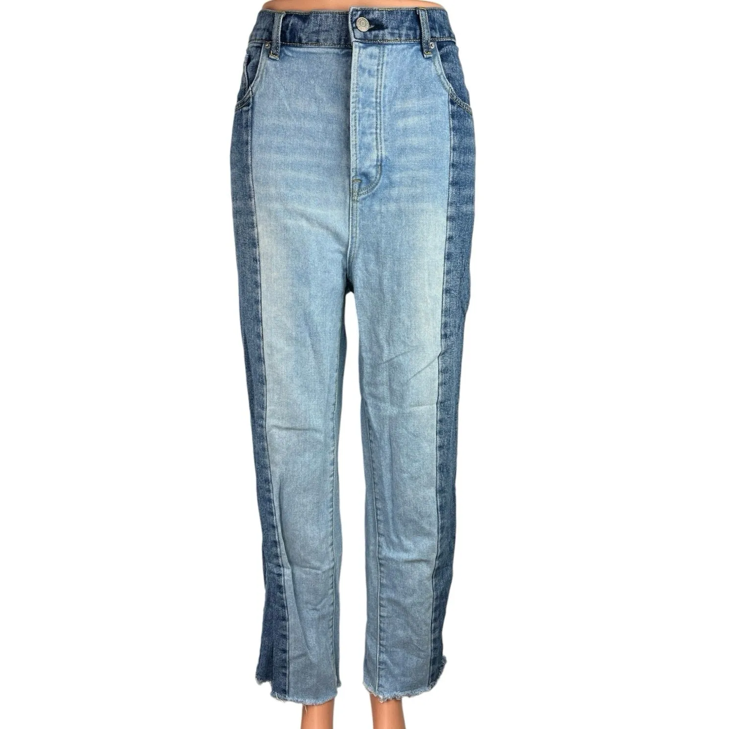 Pacsun Blue Denim High Rise Color Block Stretch Straight Leg Raw Hem Jeans Sz 30