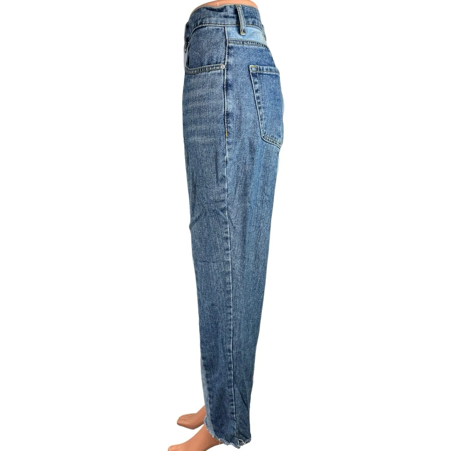 Pacsun Blue Denim High Rise Color Block Stretch Straight Leg Raw Hem Jeans Sz 30