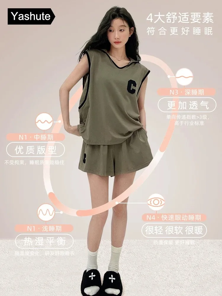 Pajama women's summer cool cotton vest shorts two-piece set loose with chest pad anti-bump thin sleeveless suit