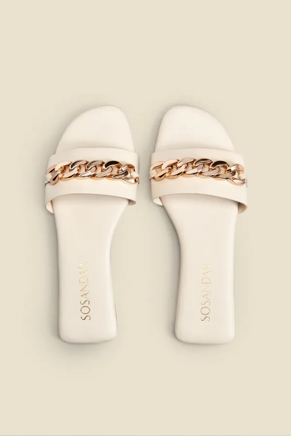 Paradiso Ecru Chain Detail Flat Leather Mule Sandals