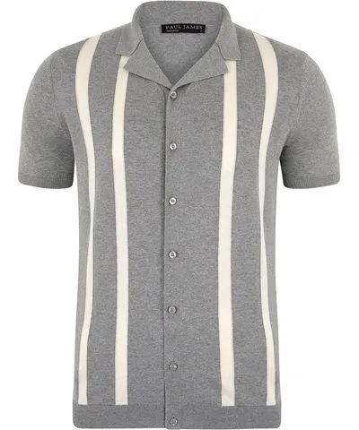 Paul James Knitwear Mens Ultra Fine Cotton Delgado Cuban Collar Striped Shirt