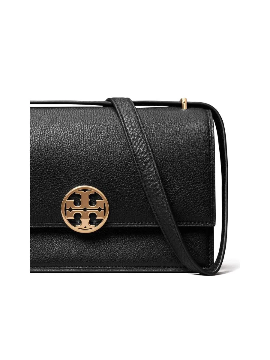 Pebbled Texture Goldtone Logo Shoulder Bag
