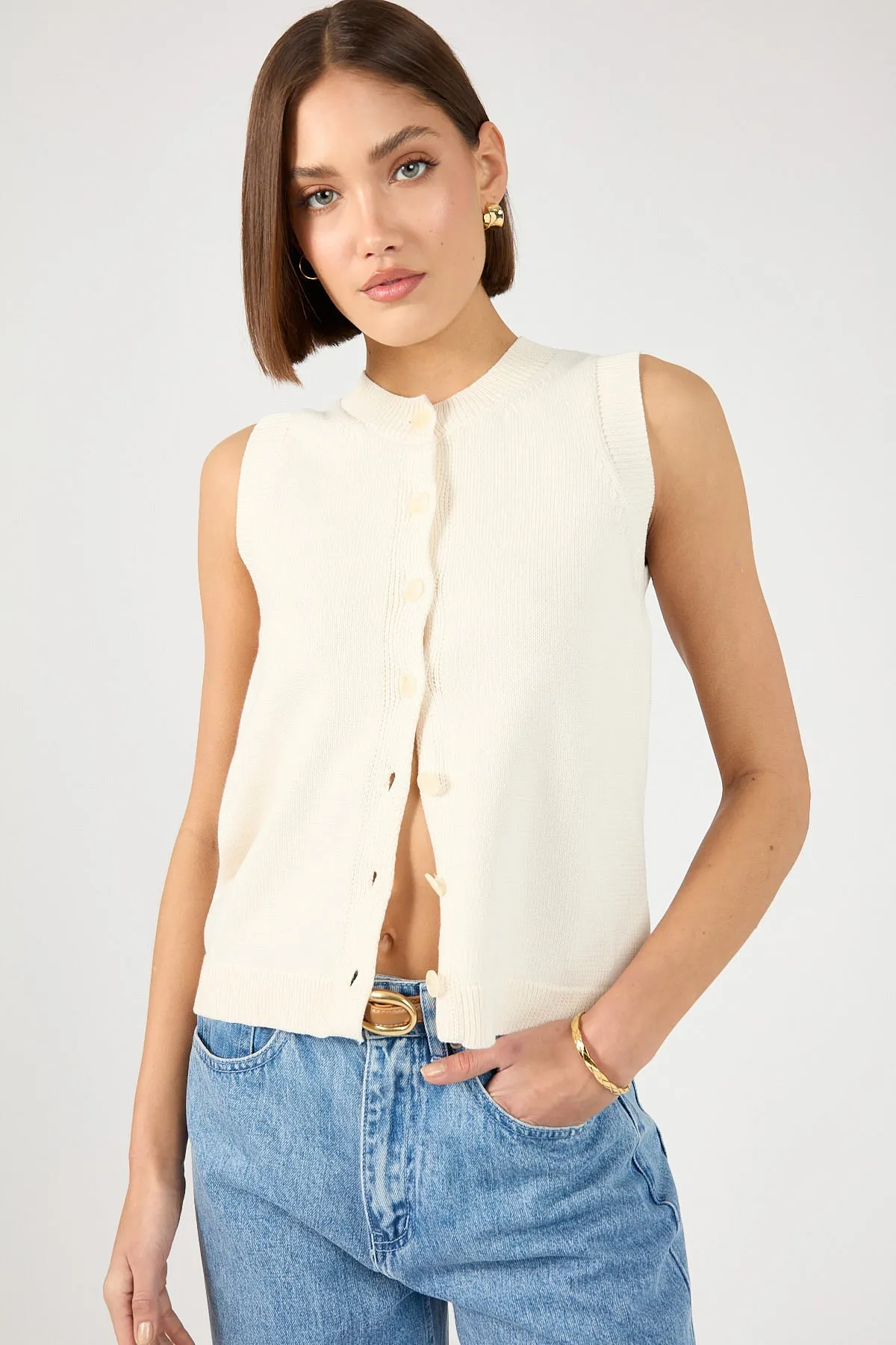 Perfect Stranger Connie Button Up Sleeveless Vest Bone