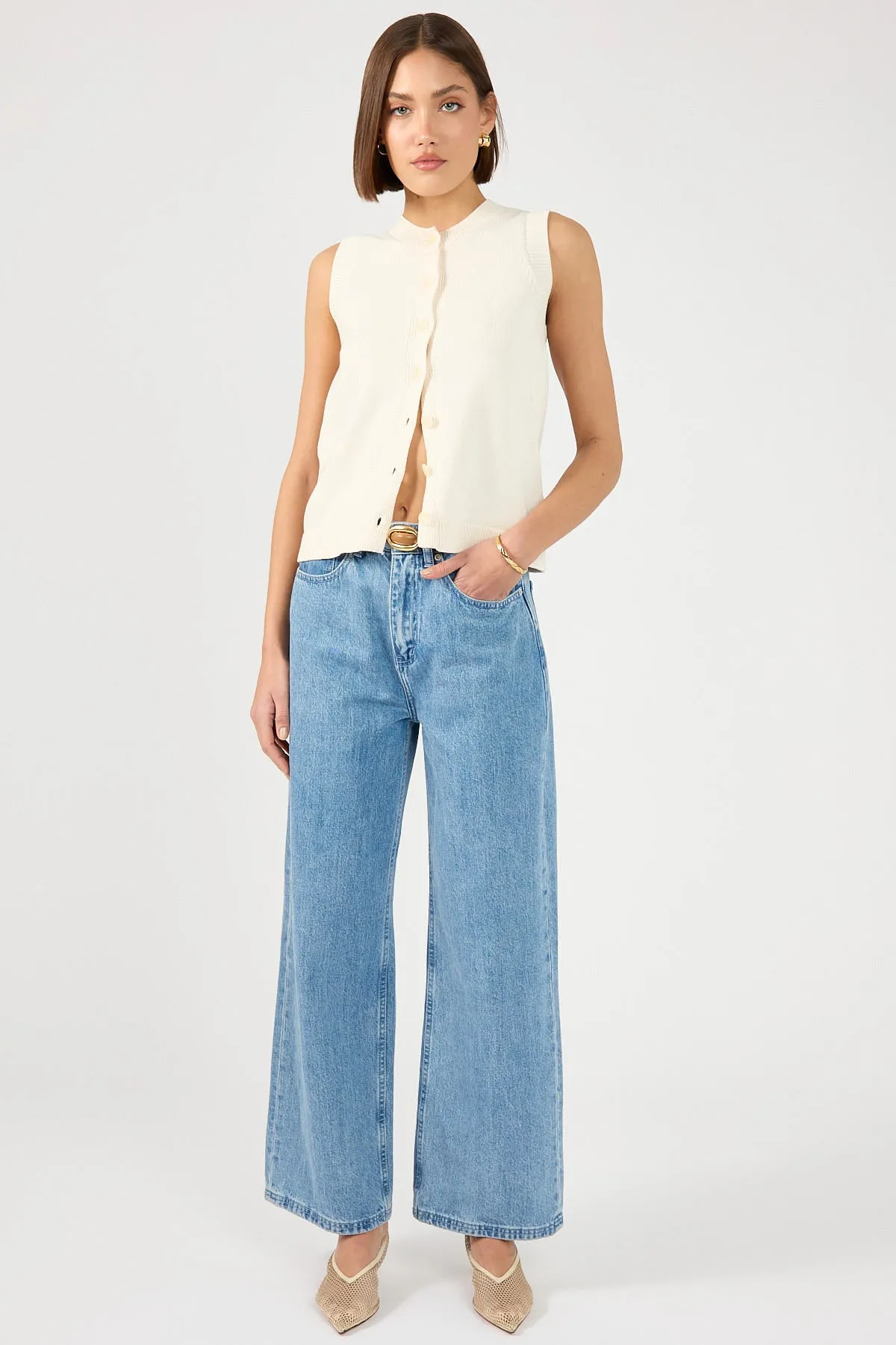 Perfect Stranger Connie Button Up Sleeveless Vest Bone
