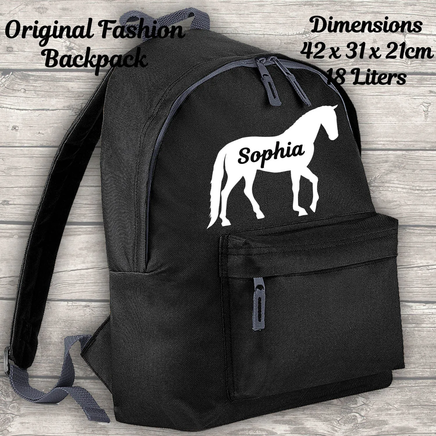Personalised Horse 18L Backpack Kids Lunch Bag Water Bottle and FREE Pencil Case ADD Your NAME Back To School Black